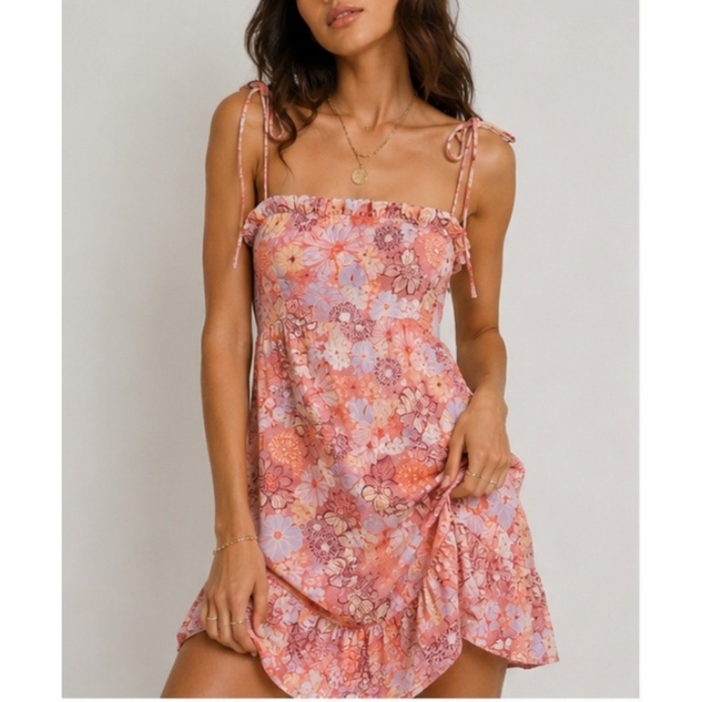 Lola Grace Floral Mini Dress Pink Orange Tie Strap Smocked Ruffle Hem Large